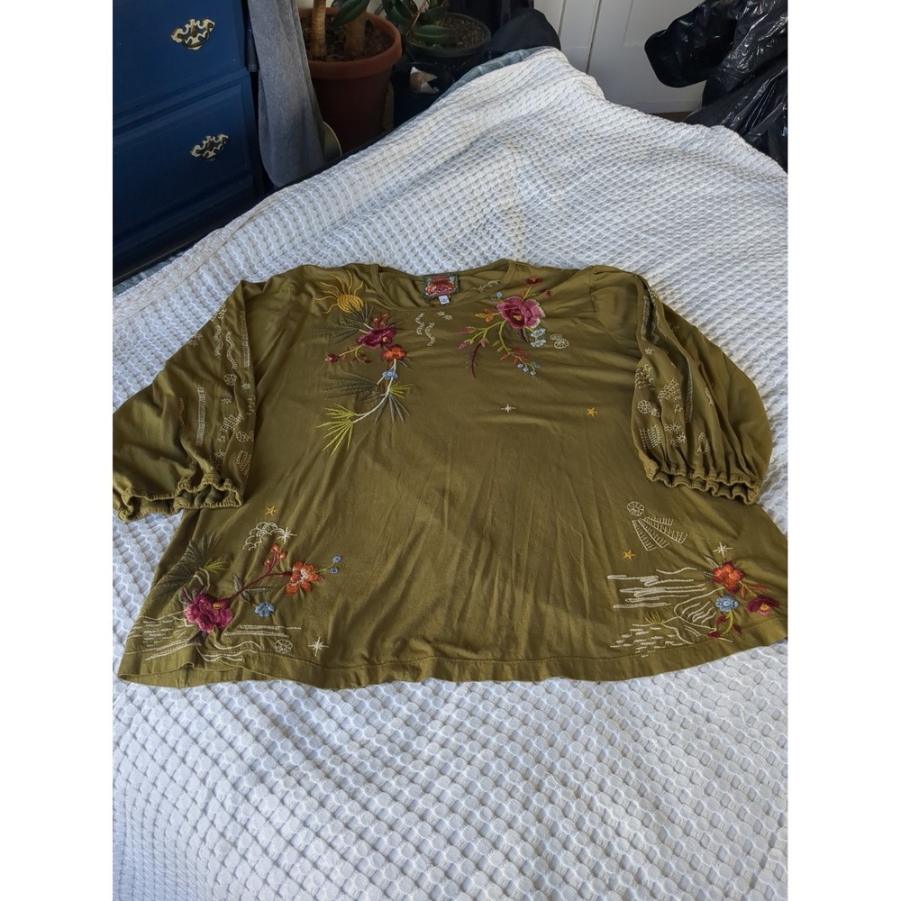 Johnny Was Embroidered Cotton Tunic Top 3/4 Sleeves Green Floral Sz 3X Boho